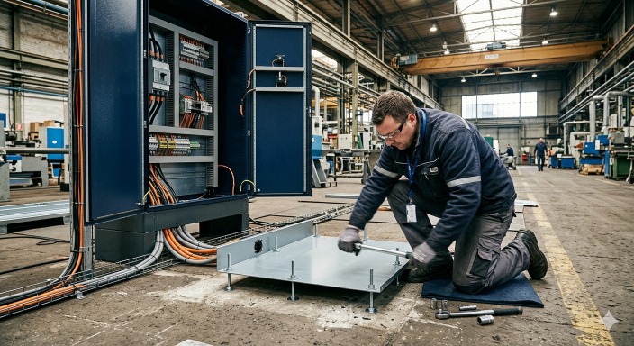 Technician securing a sheet metal enclosure