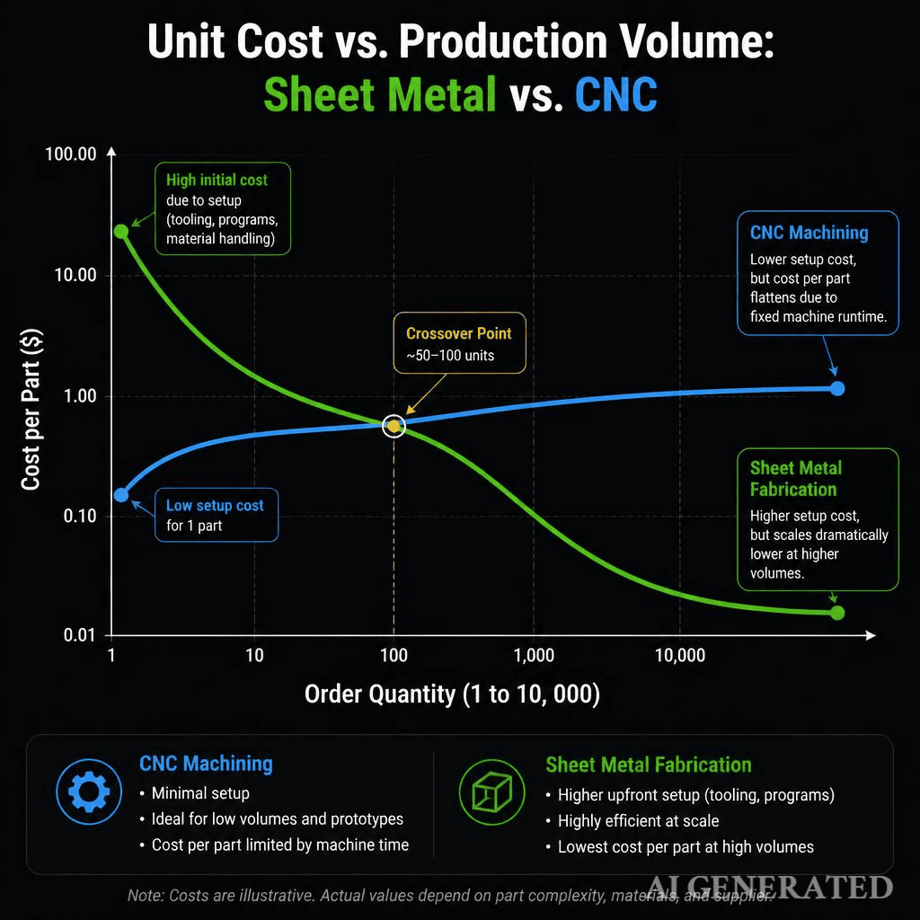 Unit cost chart sheet metal vs CNC volume