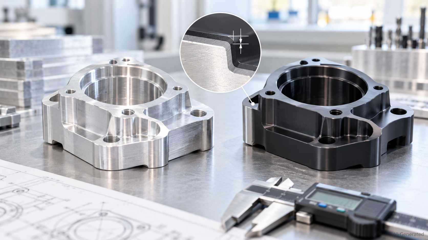 Anodized and raw CNC parts with coating thickness inset