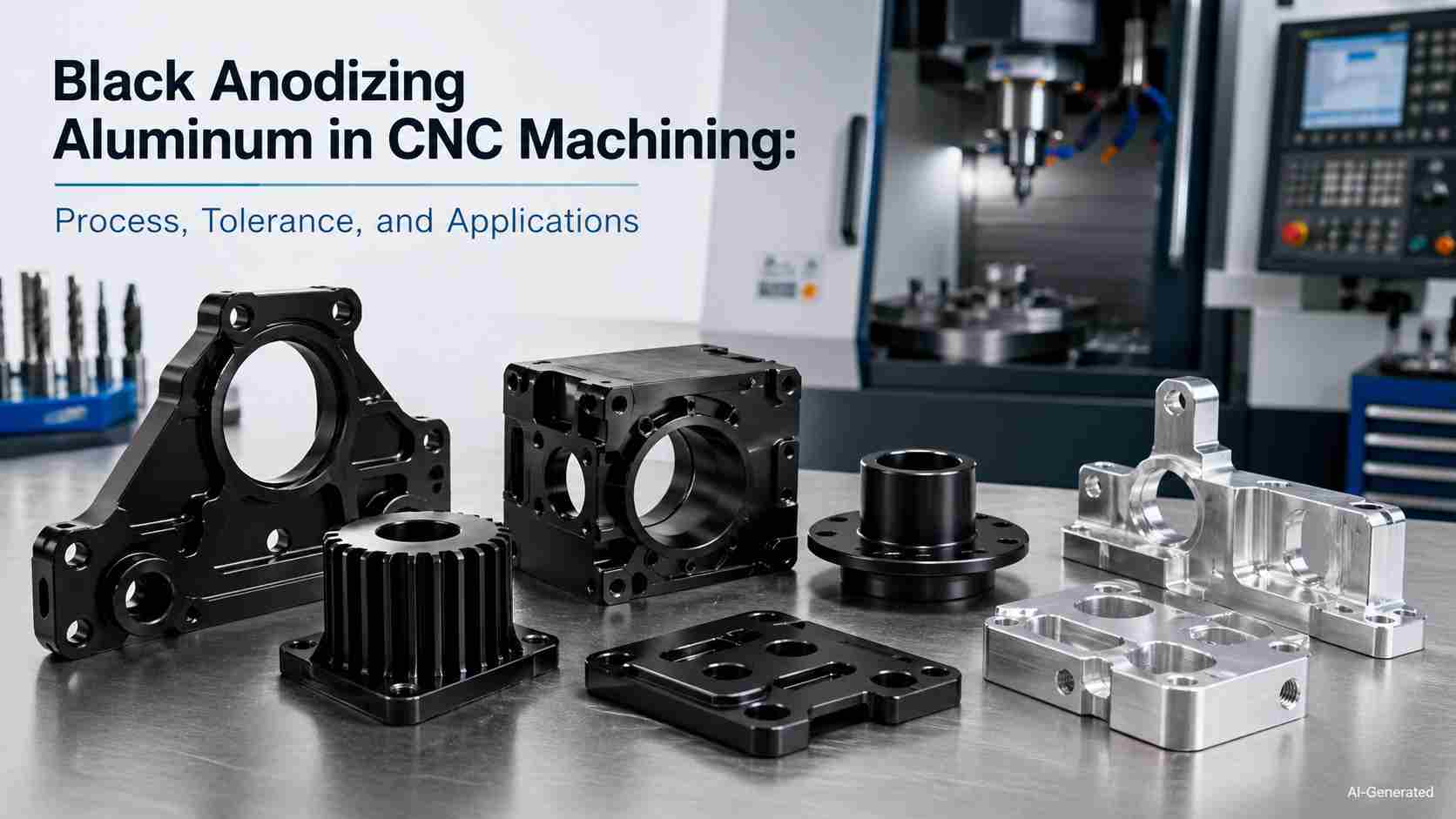 Black anodized CNC aluminum parts on workshop bench