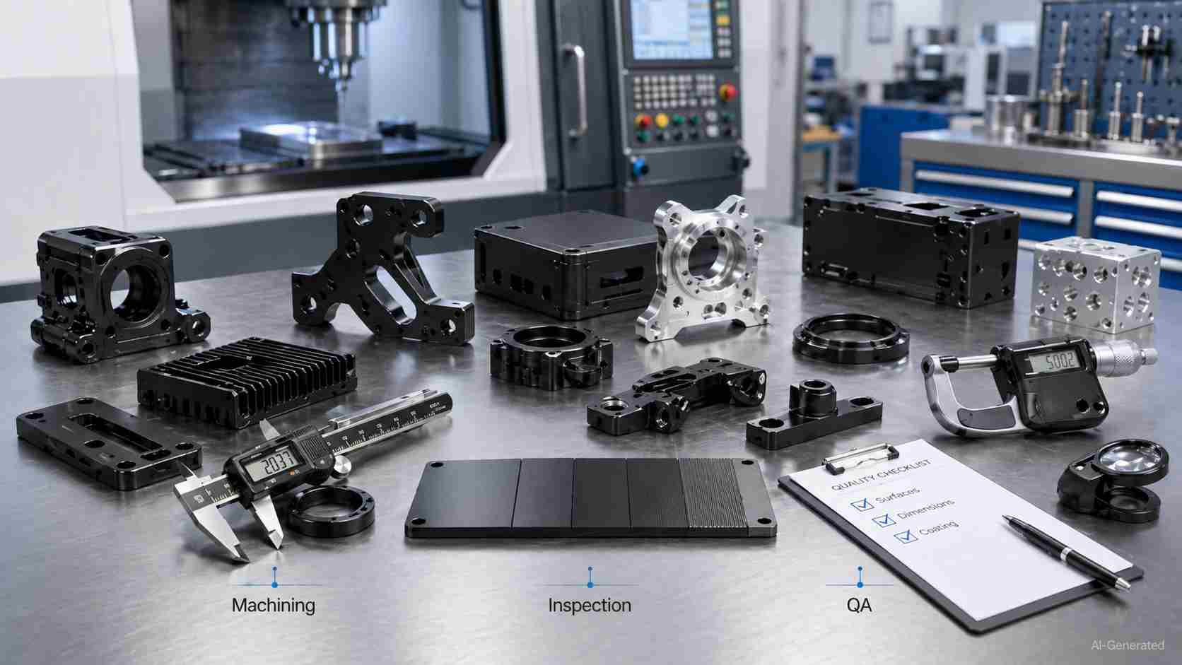 Black anodized CNC parts with inspection tools