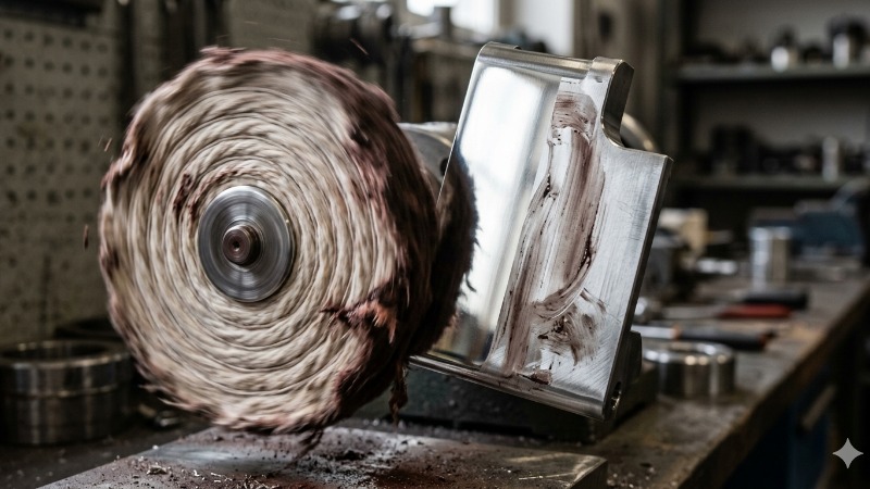 Buffing wheel polishing a metal part