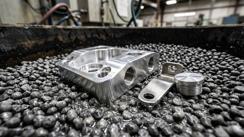 CNC machined parts inside a vibratory polishing machine