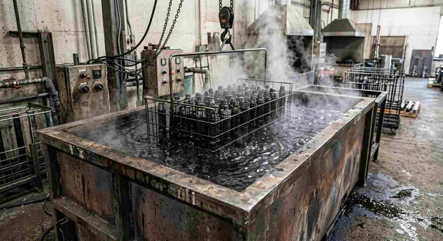 Parts being lowered into a steaming hot black oxide tank