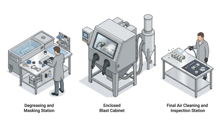 abrasive blasting workflow for CNC parts