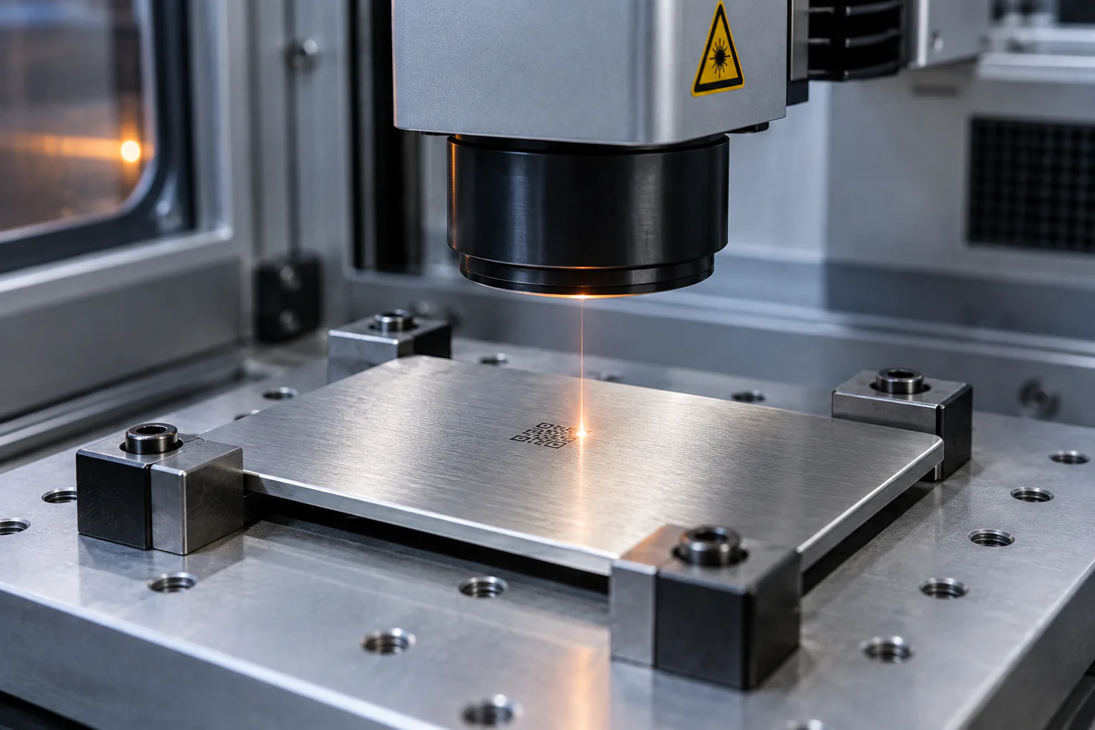 Fiber laser marking a clamped stainless-steel plate without