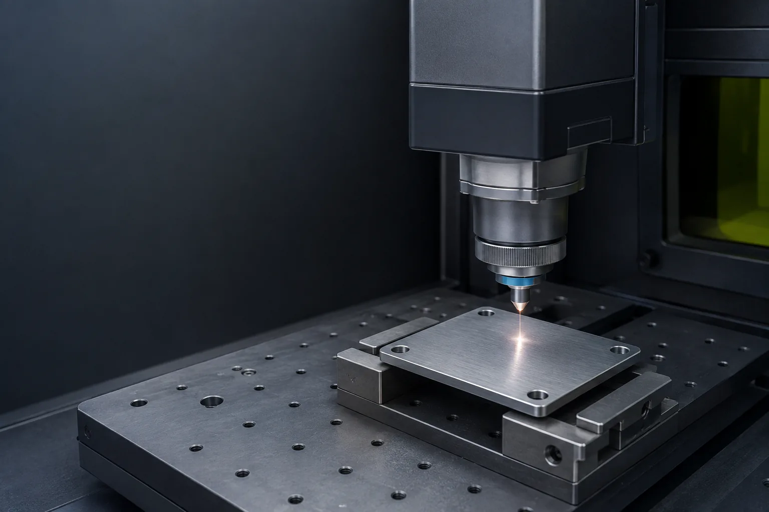 Fiber laser marking a clamped stainless-steel plate without