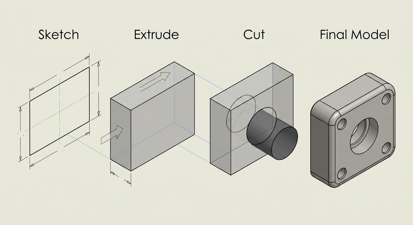 CAD workflow from 2D sketch to 3D solid