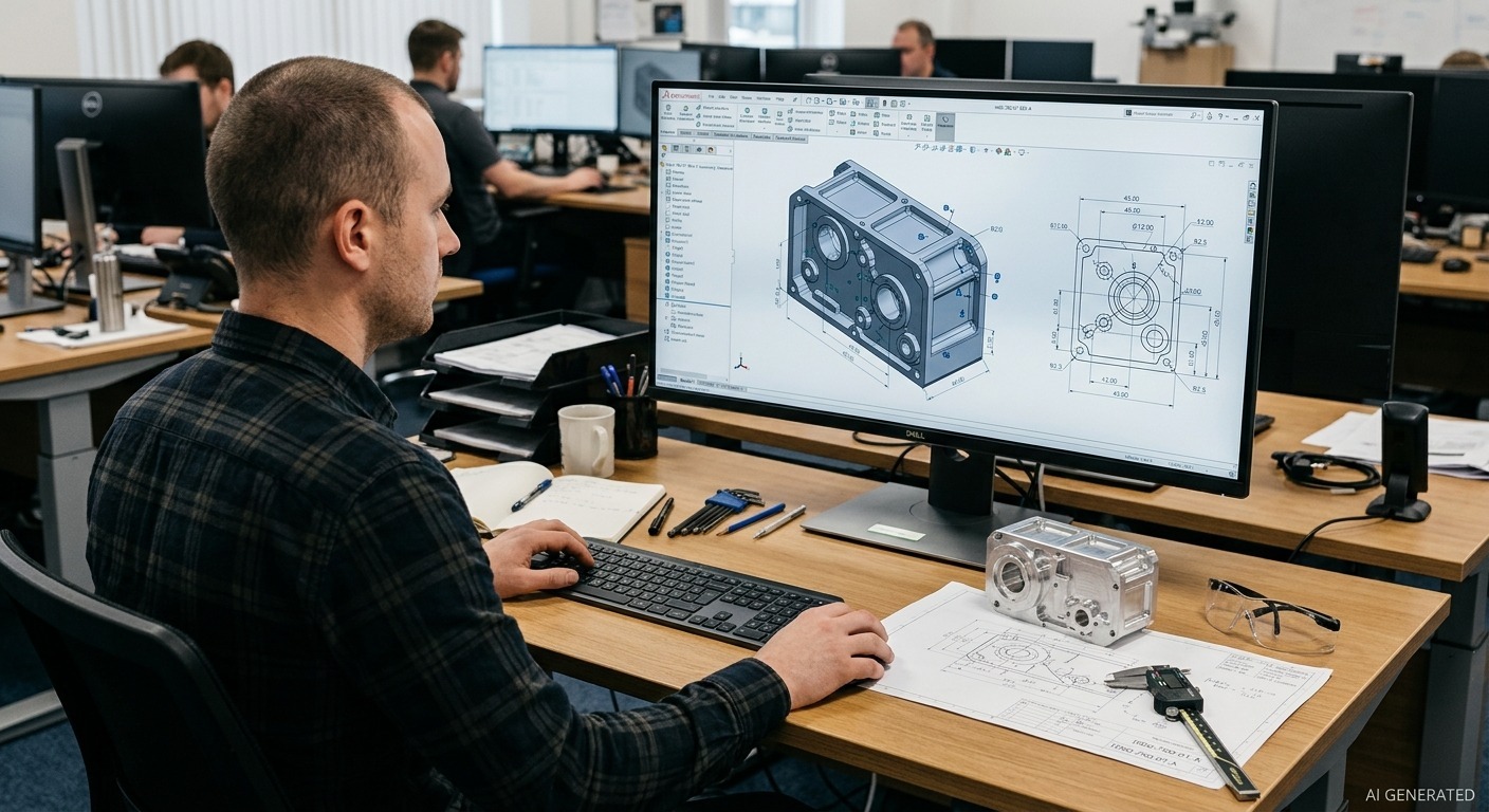 Mechanical designer working at a CAD workstation