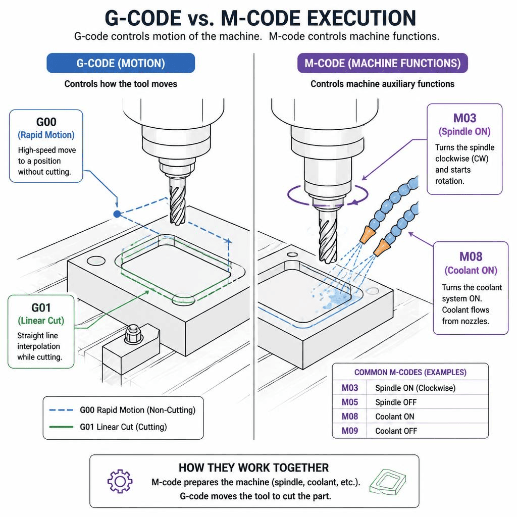 Annotated G code motion and M code machine command lines