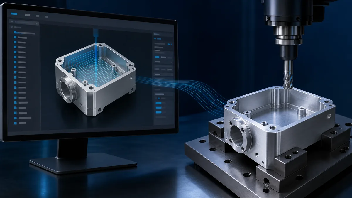 CAM model on screen beside CNC-machined part