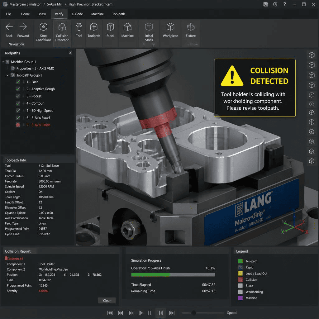 CAM digital toolpath collision simulation warning screen