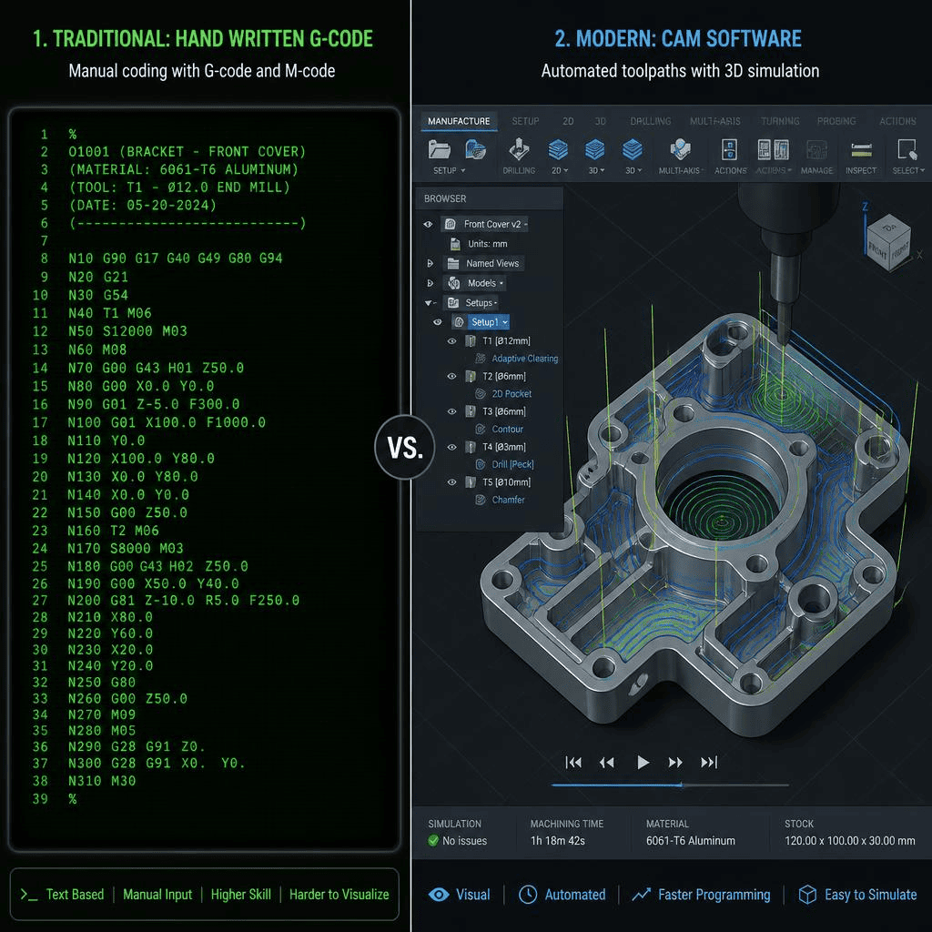 Manual G code writing vs CAM software programming interface