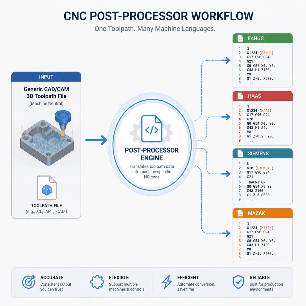 Post processor translating CAM toolpath to CNC G code