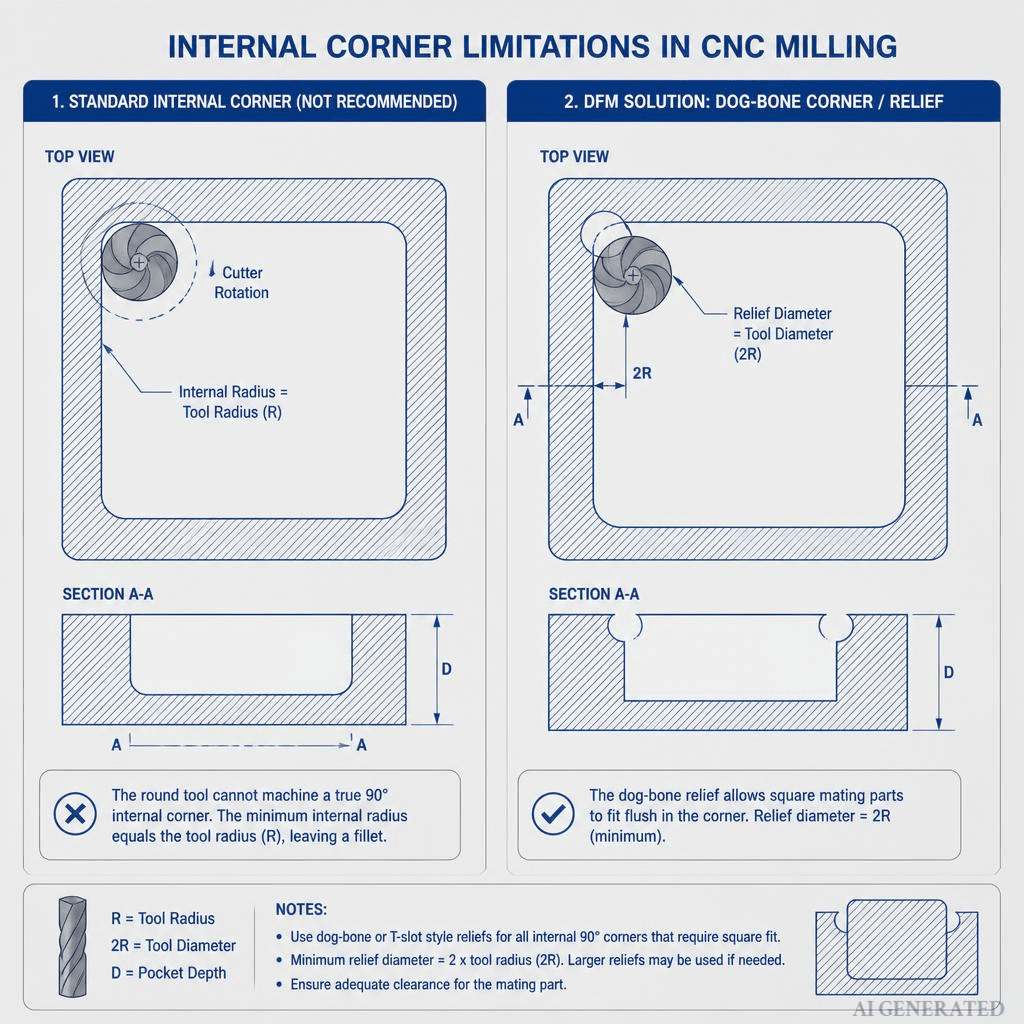 CNC corner radius diagram with dog bone relief