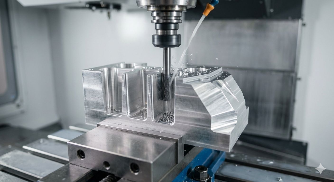 CNC milling machine machining a complex aluminum part