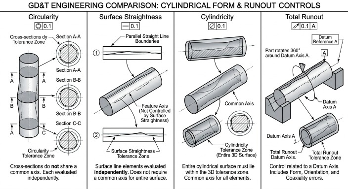 Cylindricity vs circularity, straightness, and runout