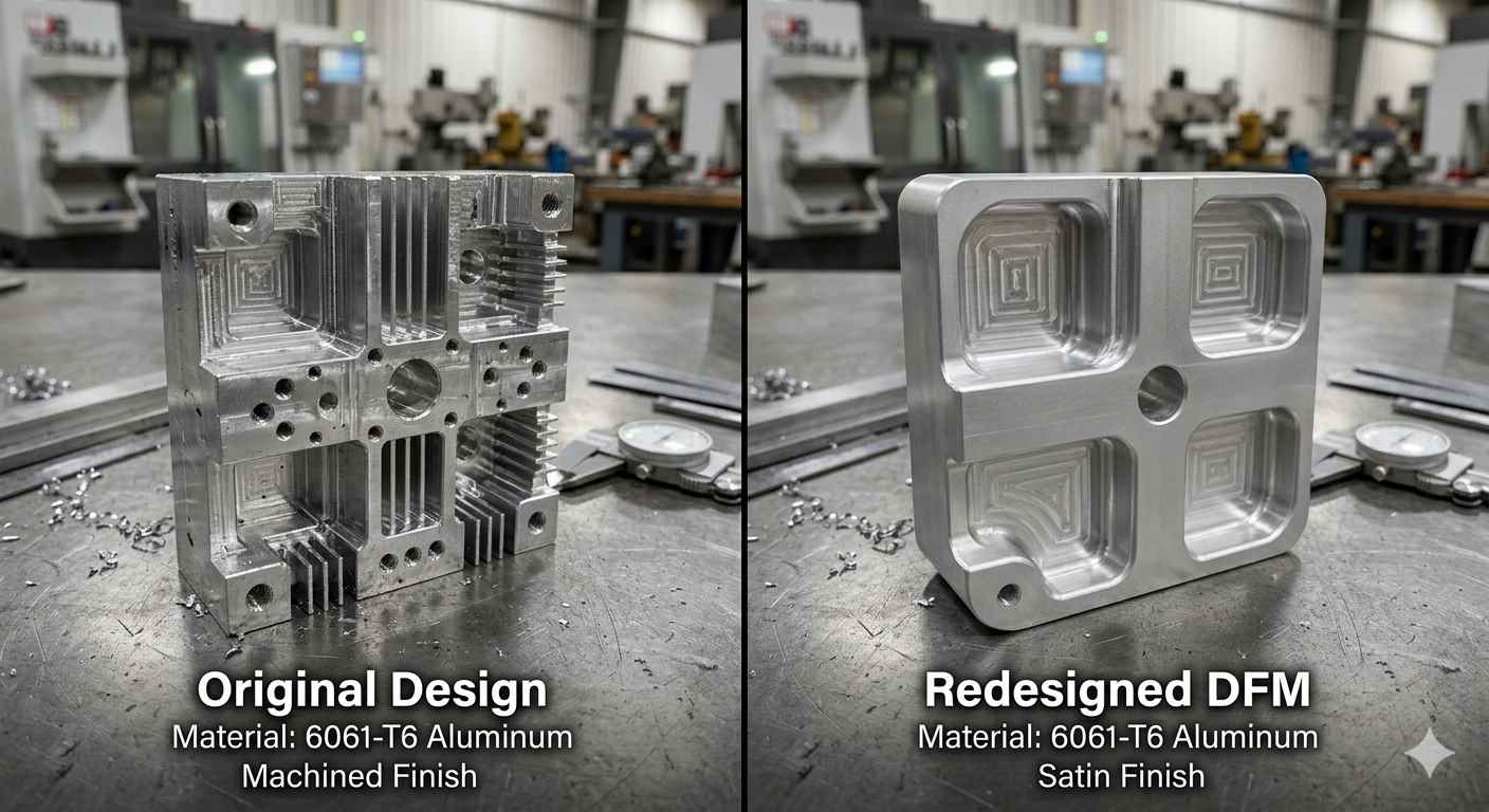DFM redesign comparison for a 6061 aluminum machined part