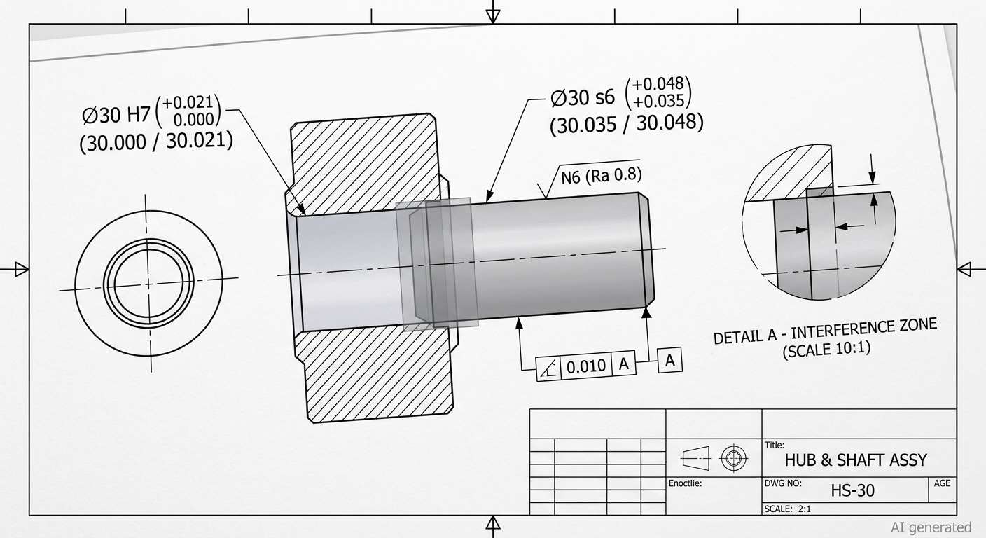 Drawing close up showing how a press fit is specified