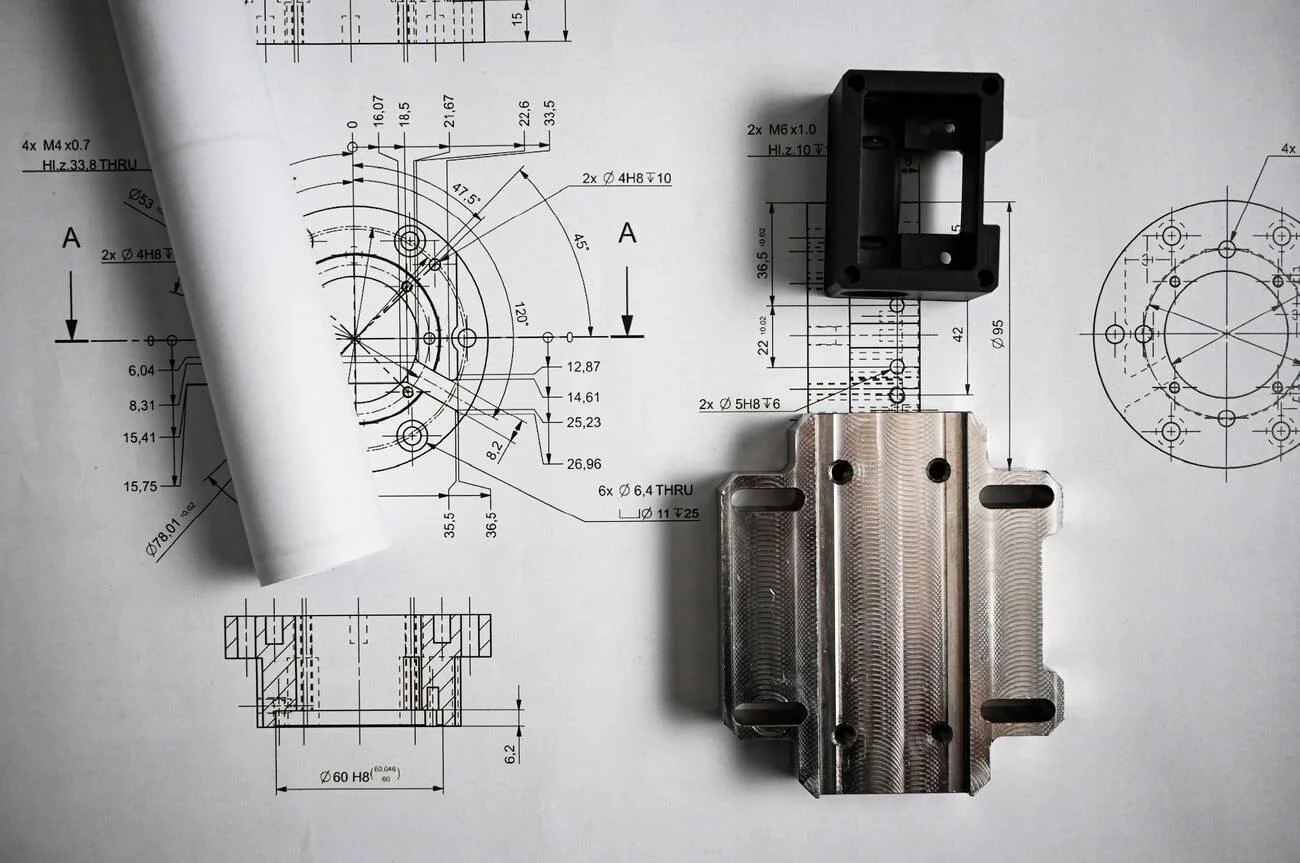 Metal components lying on mechanical engineering drawing