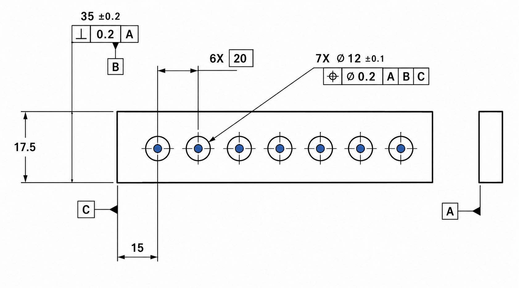 Positional tolerance example with GD&T callout symbols