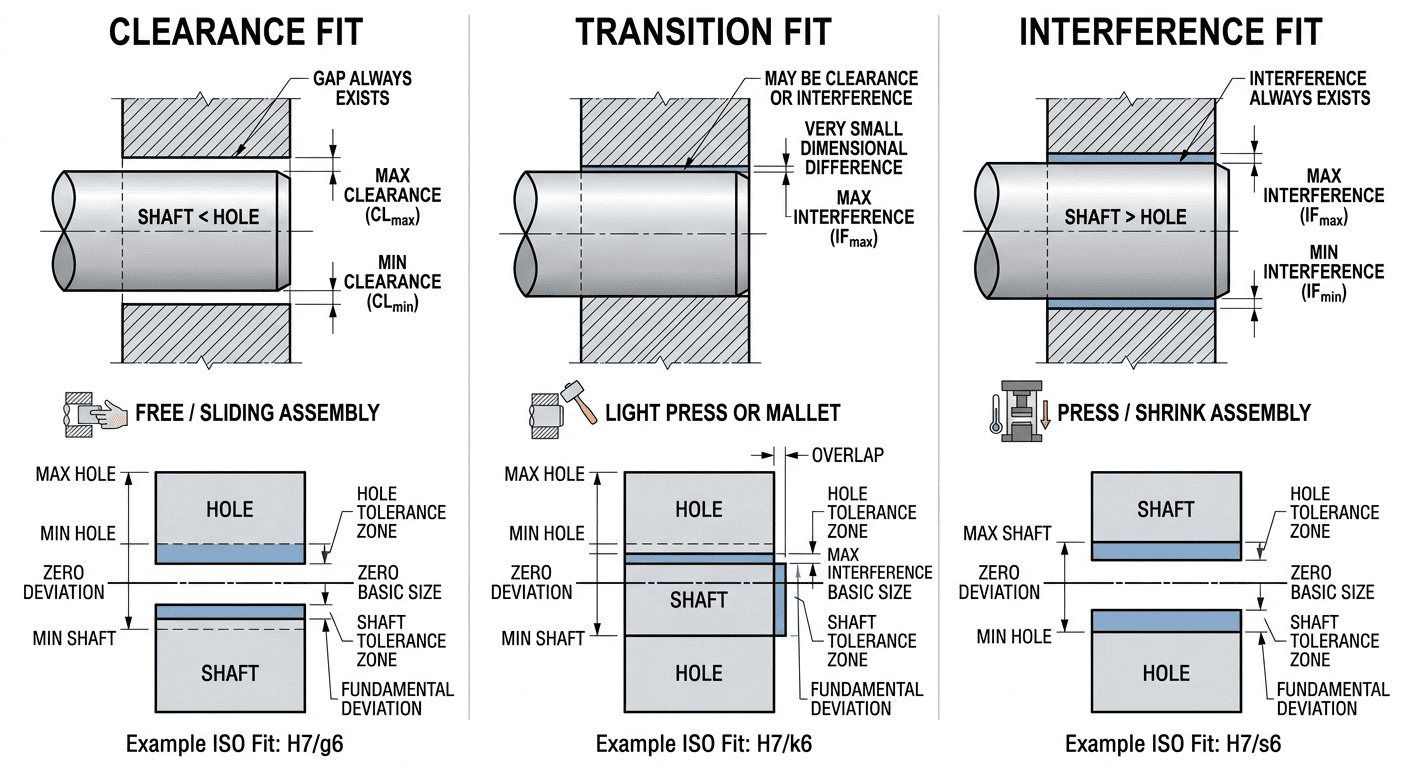 clearance fit, transition fit, and interference fit