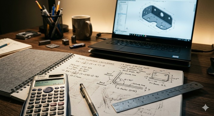 Engineer calculating sheet metal bend allowance and K factor