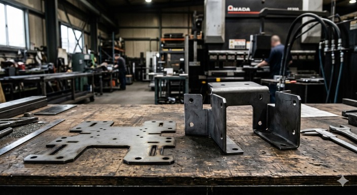 Sheet metal blank placed next to the same part after CNC