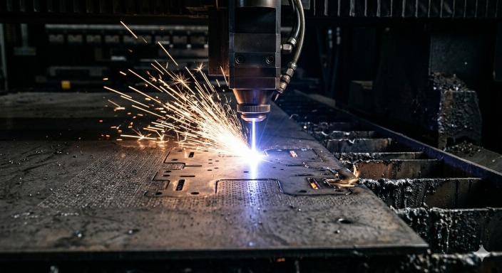 Industrial laser cutting machine working on sheet metal