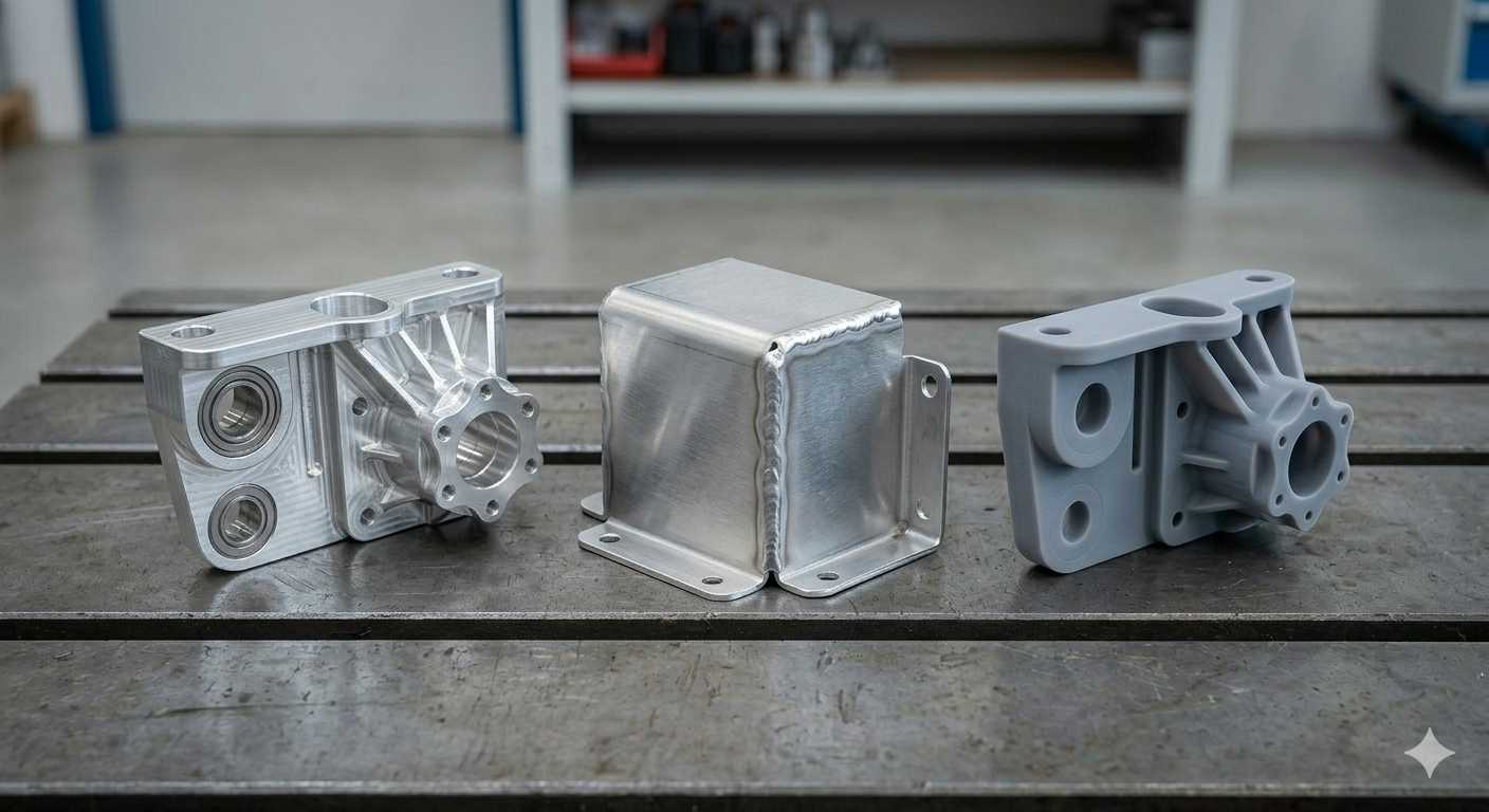 Three functional prototype parts side by side