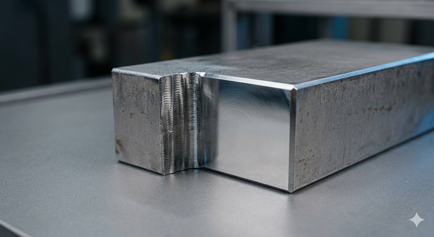 CNC machined steel showing raw and finished surface