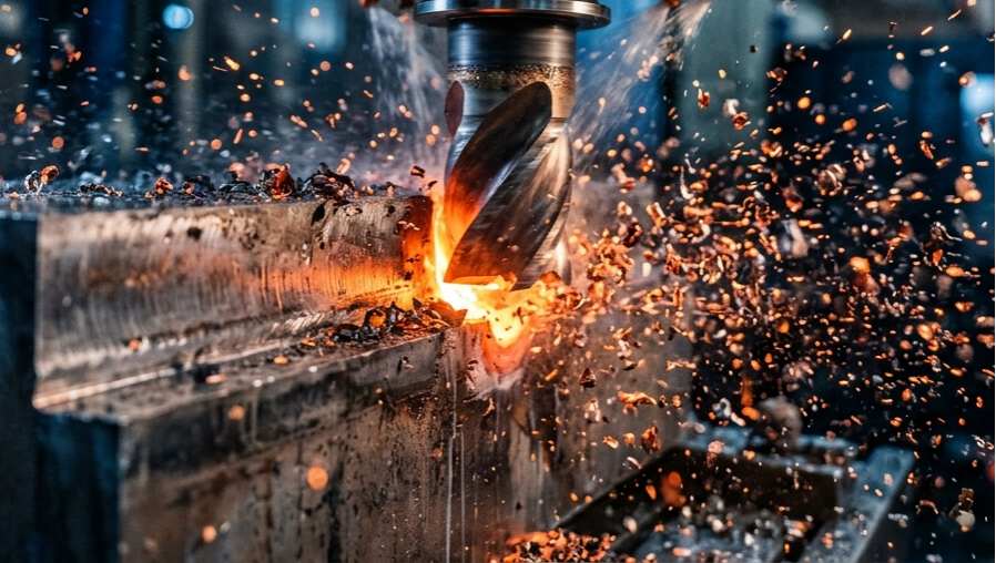 CNC tool cutting steel with chip formation and heat