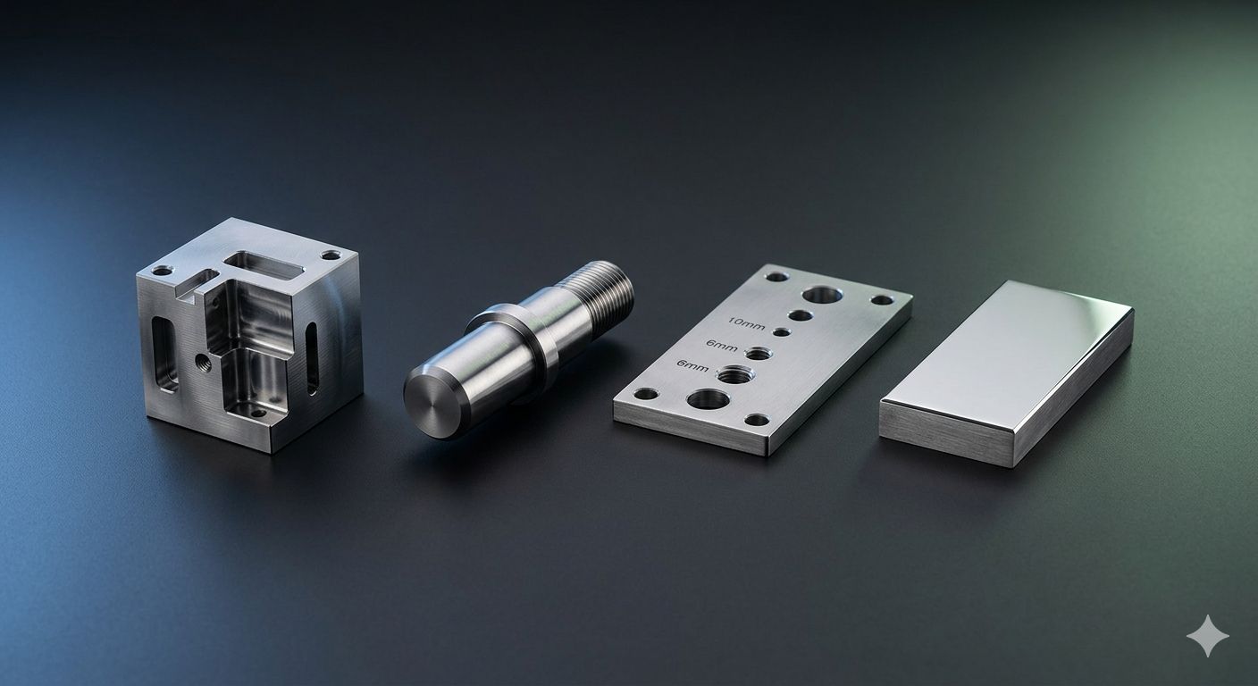 Four steel parts showing different machining process