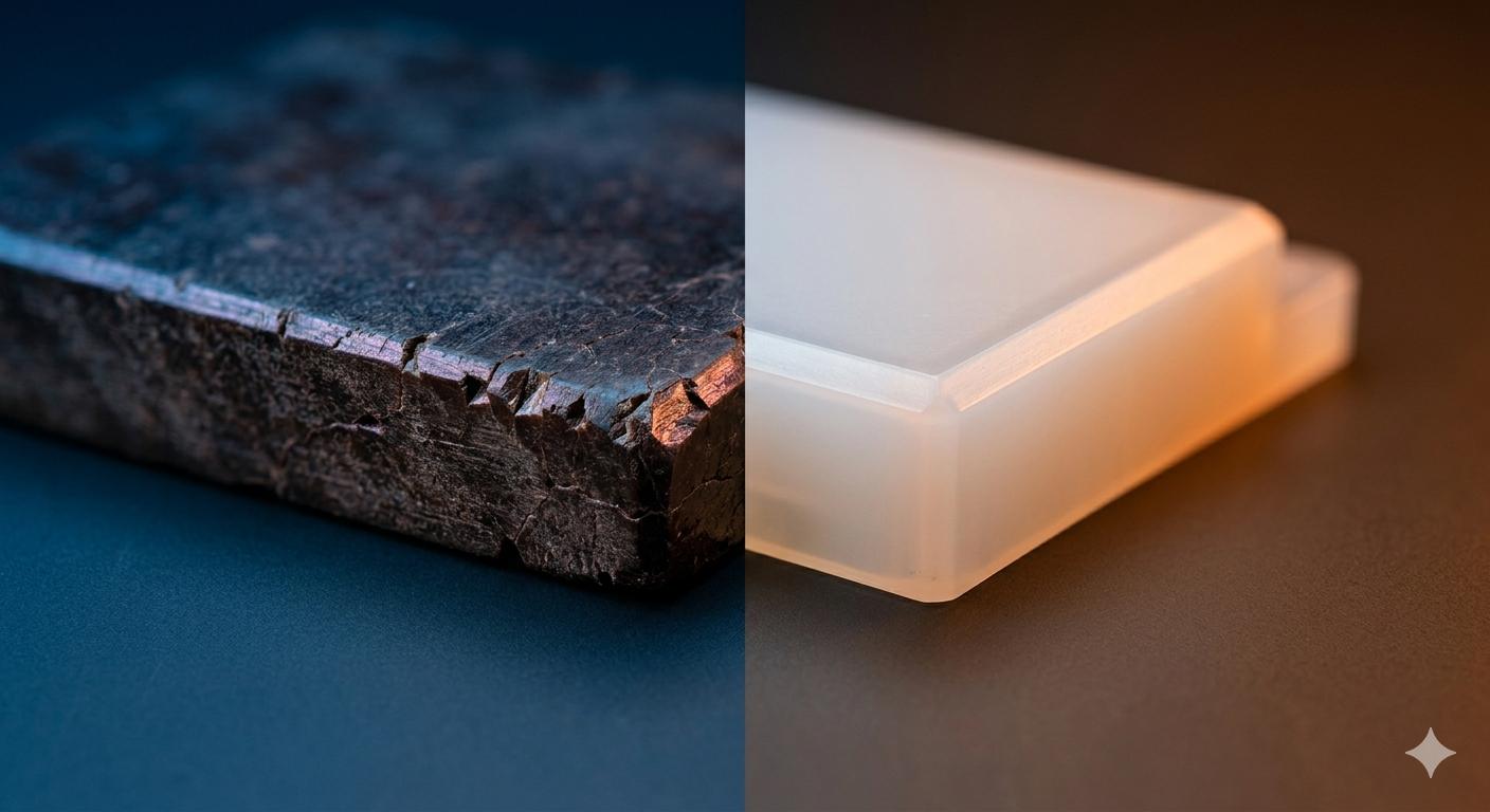 Cracked bakelite part compared with durable modern plastic.