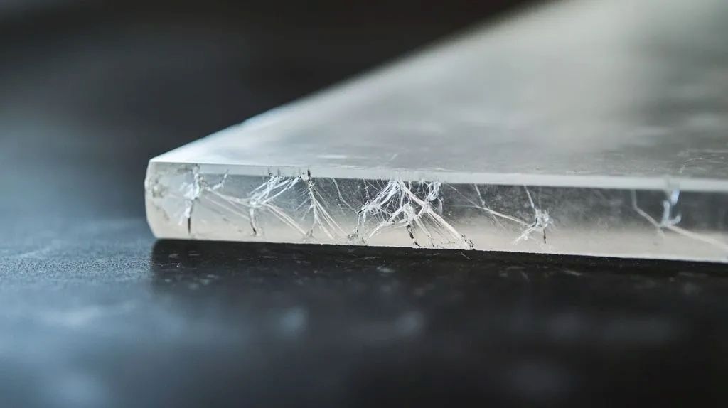 Shattered acrylic panel showing brittle fracture pattern